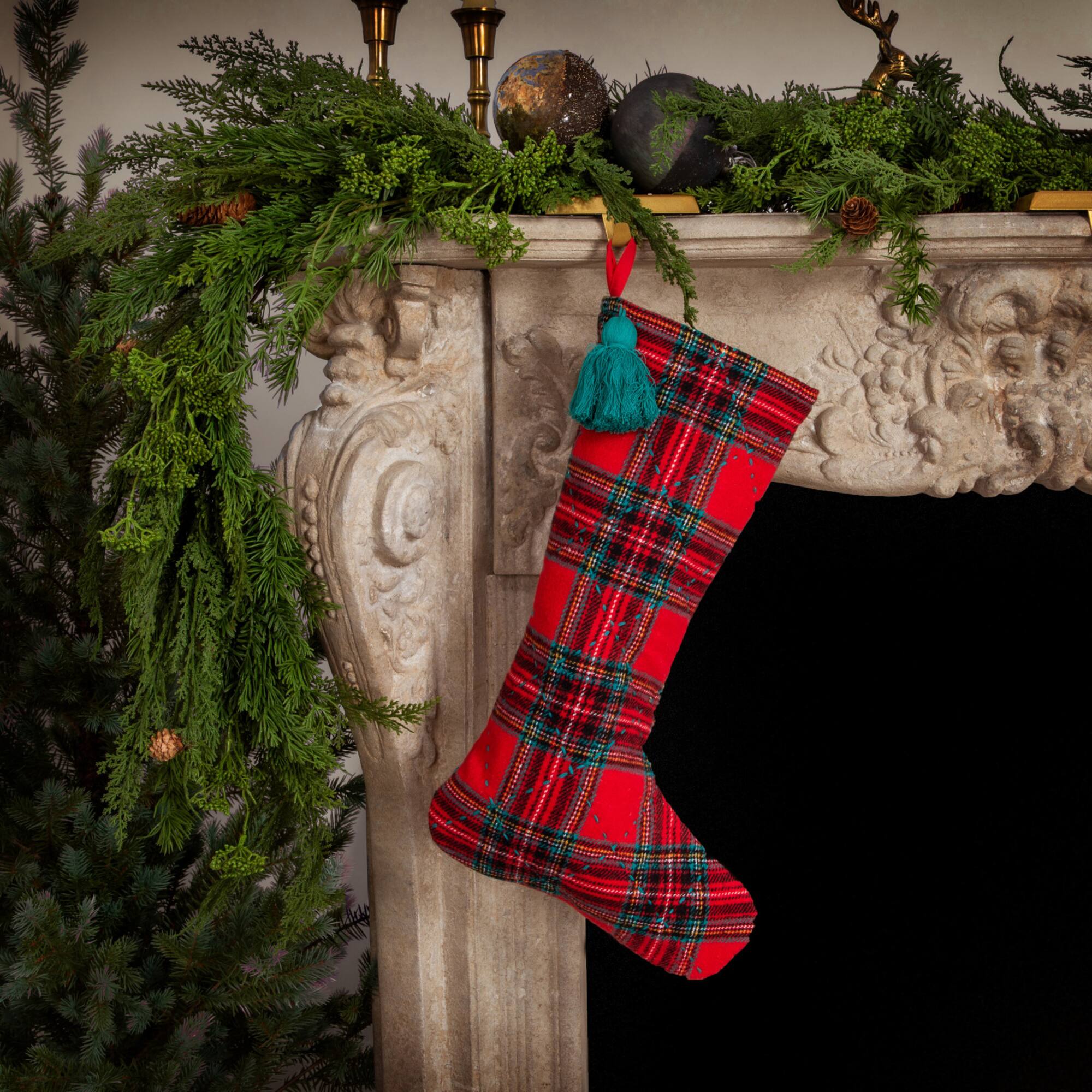 Hello Honey® 20" Red & Green Plaid Brushed Cotton Flannel Quilted Stocking with Tassel